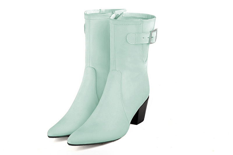 Aquamarine blue women's ankle boots with a zip on the inside. Tapered toe. Medium cone heels. Front view - Florence KOOIJMAN